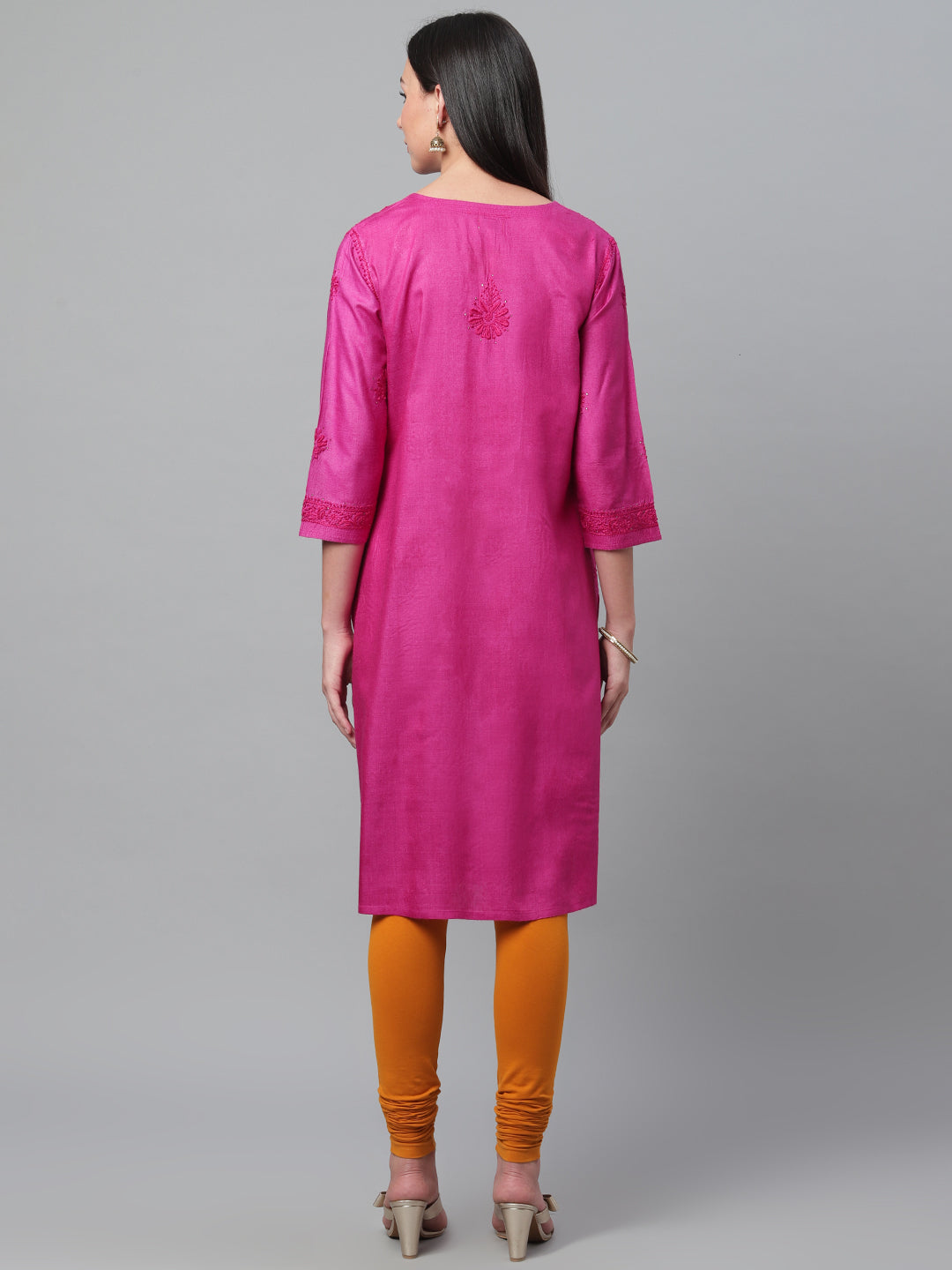 Magenta Pure Silk Kurta with Embroidered Neckline