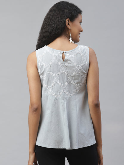 Grey Sleeveless A-Line Chikankari Top