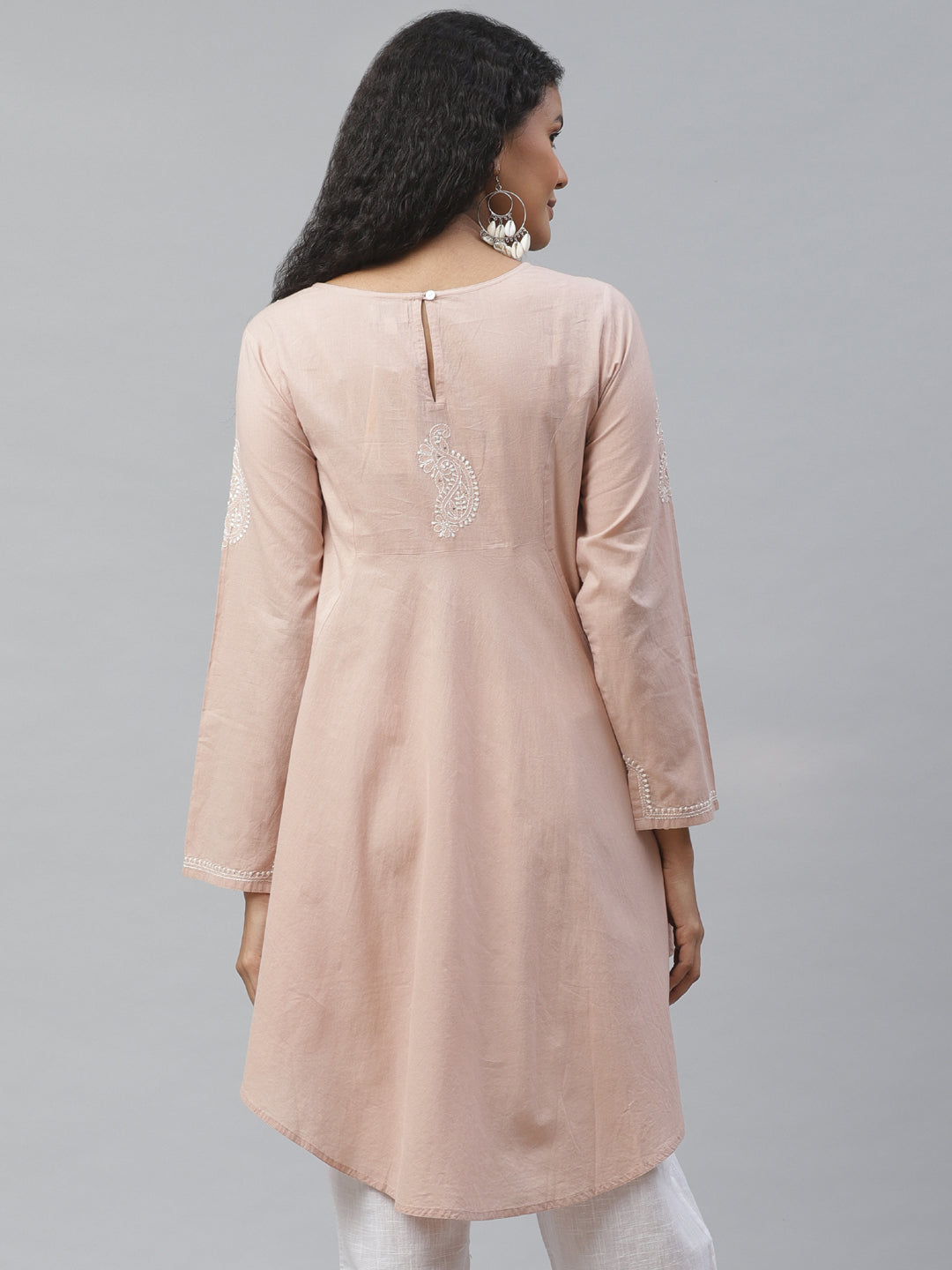 Beige & White Chikankari Asymmetric Kurta