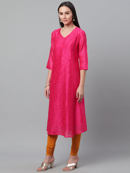 Magenta Embroidered Chanderi Anarkali Kurta