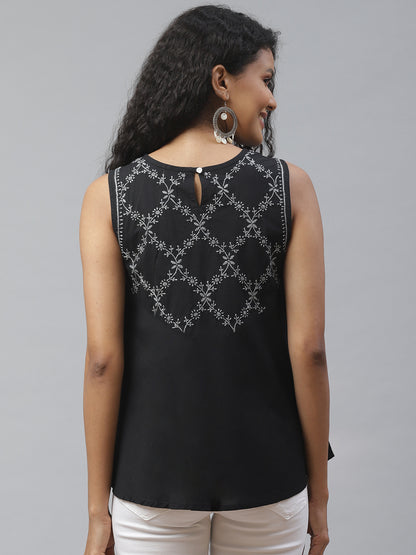 Black Sleeveless A-Line Chikankari Top