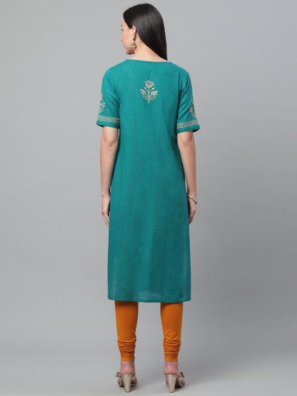 Teal & Beige Cotton Chikankari Kurta