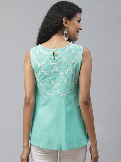 Blue Sleeveless A-Line Top with White Phanda Jaal