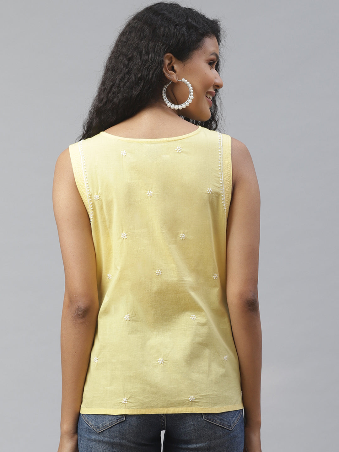 Yellow V-Neck Embroidered Top