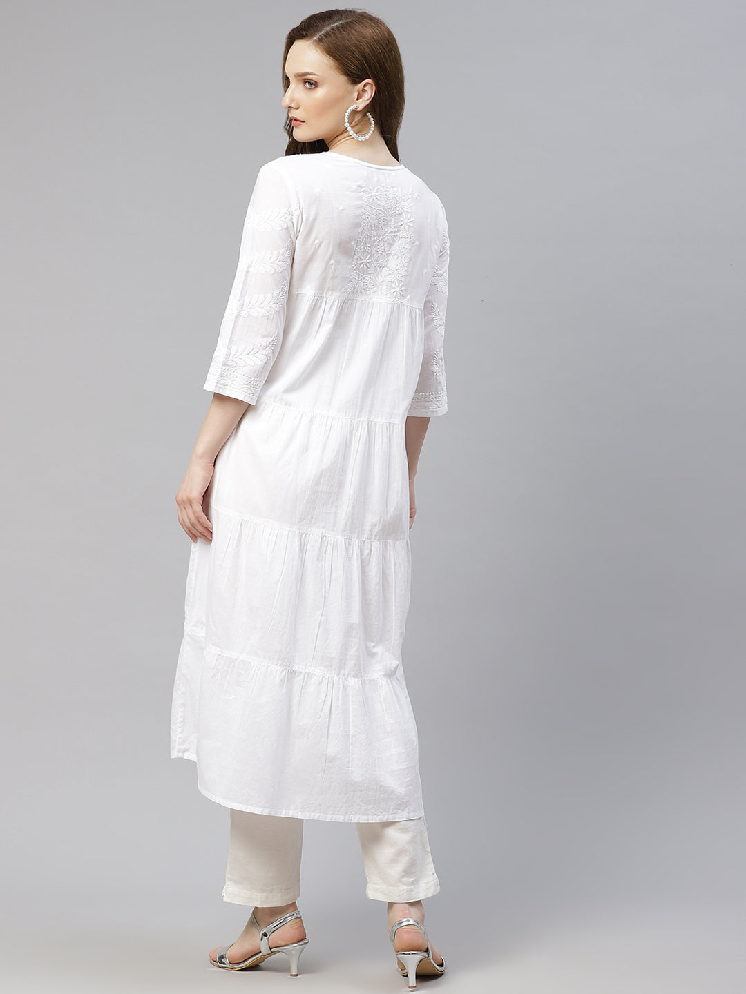 White Embroidered Front-Open Tiered Kurta