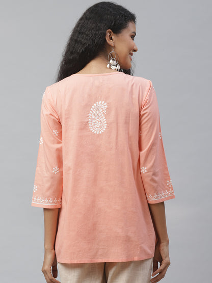 Peach Chikankari Gathered Top