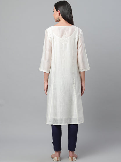 Off-White Chikankari Silk A-Line Kurta