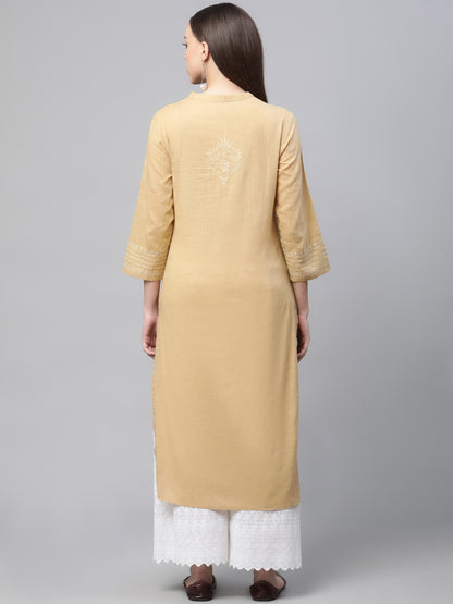 Beige Cotton Chikankari Straight Kurta