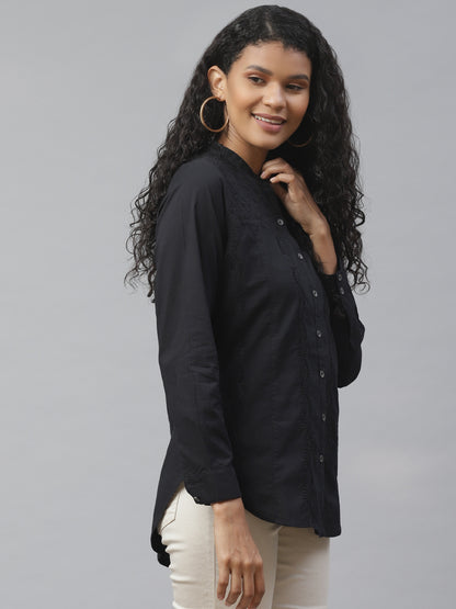 Black Chikankari Embroidered Casual Shirt