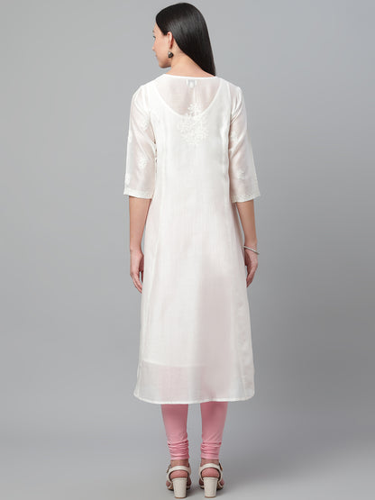 Off-White Chikankari Silk A-Line Kurta