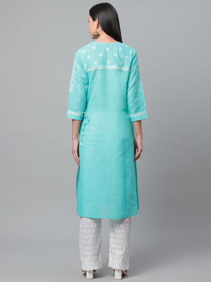 Turquoise Chikankari Embroidered Angarkha