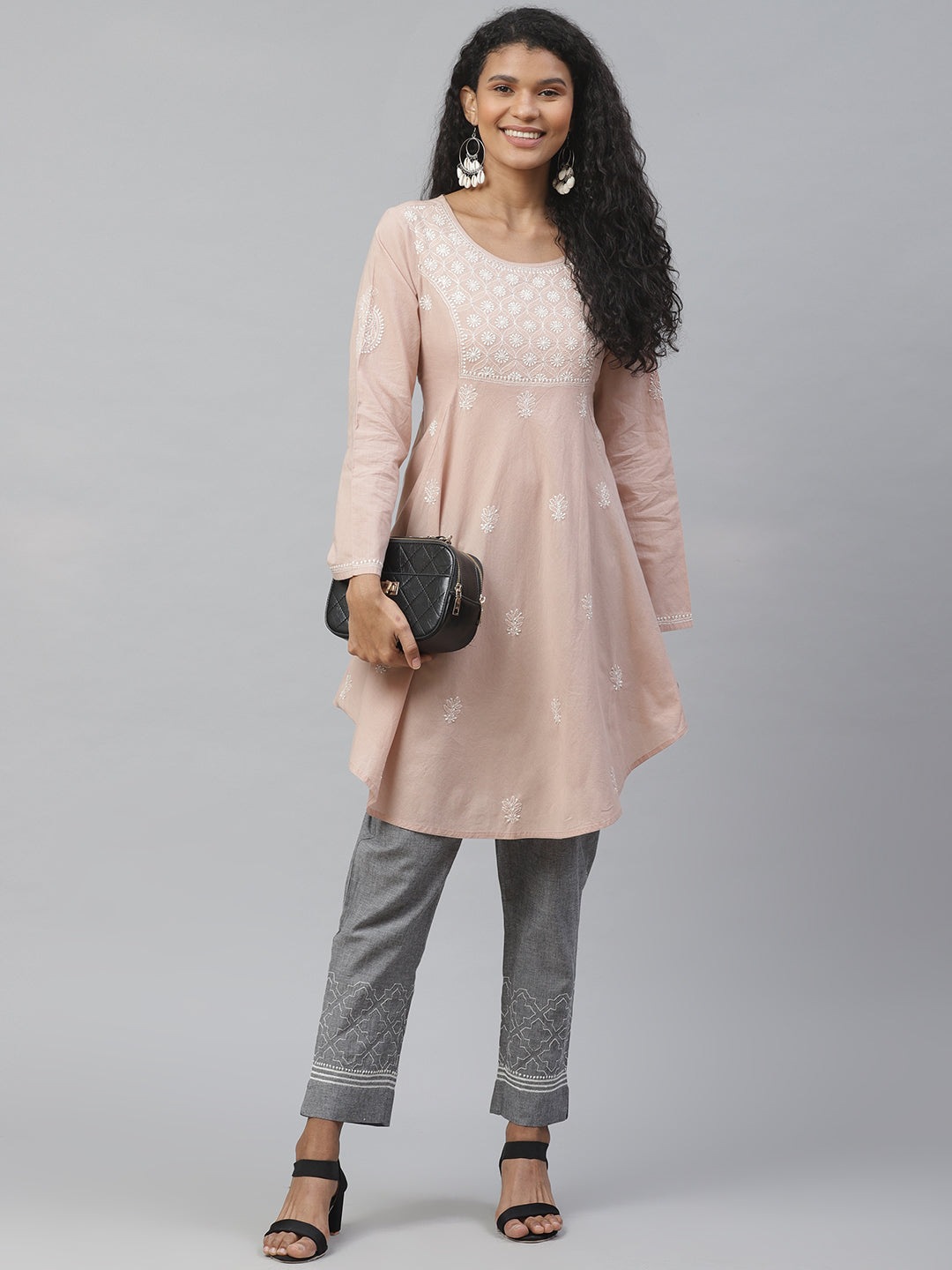 Grey Cropped Chikankari Trousers