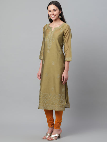 Olive Chanderi Silk Embroidered Kurta