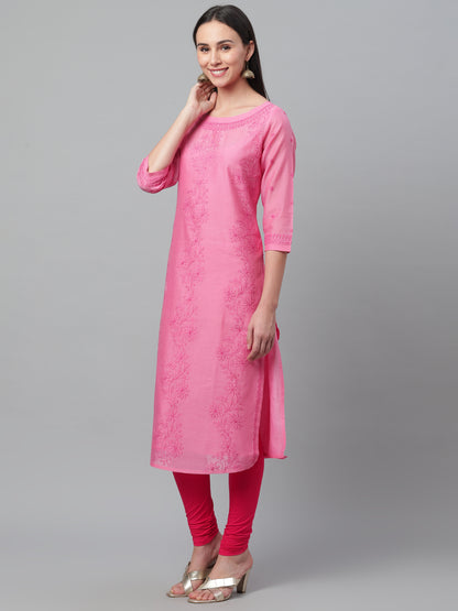 Pink Silk Chikankari Boat Neck Kurta