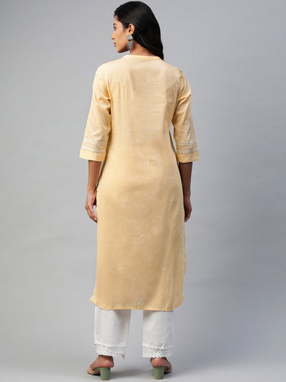 Yellow Self-Striped Kurta with Embroidered Yoke