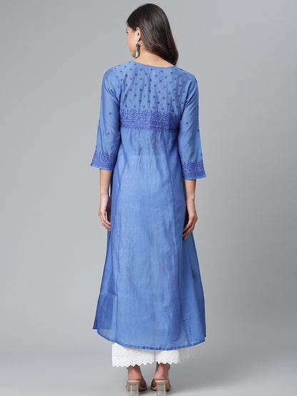 Royal Blue Chikankari Flared Kurta with Slip