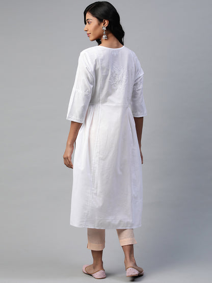 White Chikankari Flared Kurta with Side Gathers