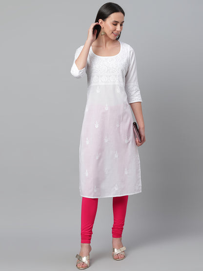White Pot Neck Embroidered Kurta