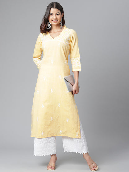 Yellow V-neck Chikankari Kurta