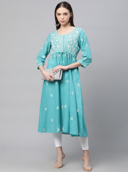 Blue Chikankari A-line Kurta with Waist Tie-Ups