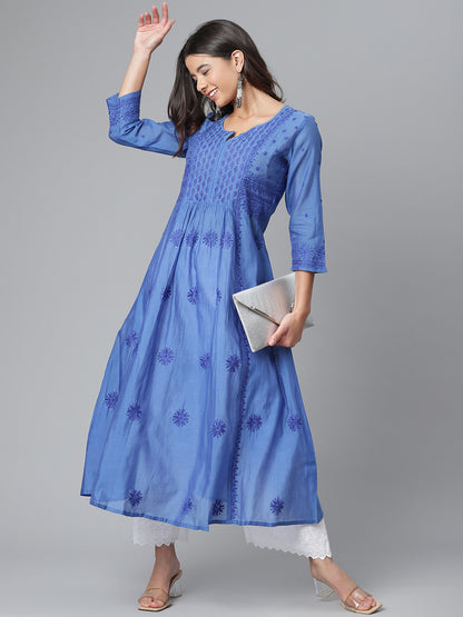Royal Blue Chikankari Flared Kurta with Slip