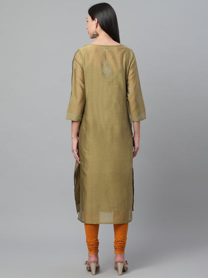 Olive Chanderi Silk Embroidered Kurta
