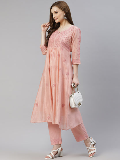 Rose Pink Chikankari Gathered Long Kurta