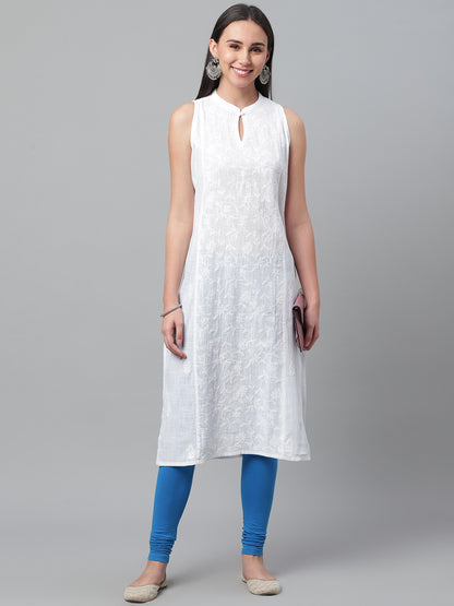 White Cotton Chikankari Kurta with Mandarin Collar