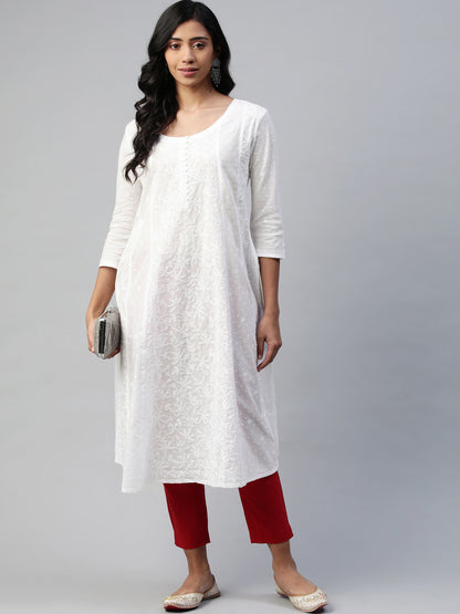 White Anarkali Dobby Hand-Embroidered Kurta