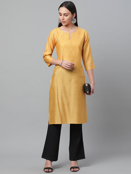 Mustard Pure Silk Chikankari Kurta