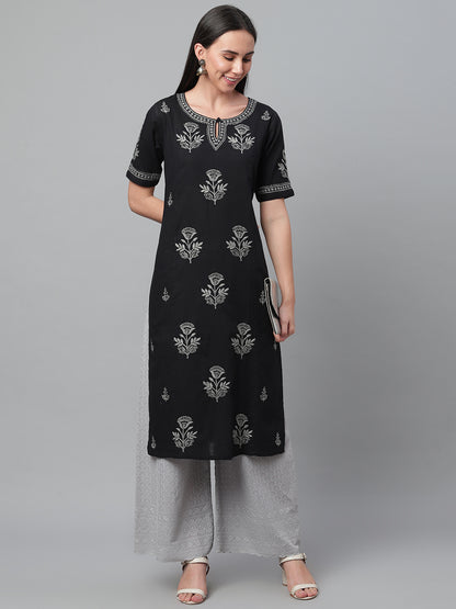 Black & Grey Chikankari Cotton Straight Kurta