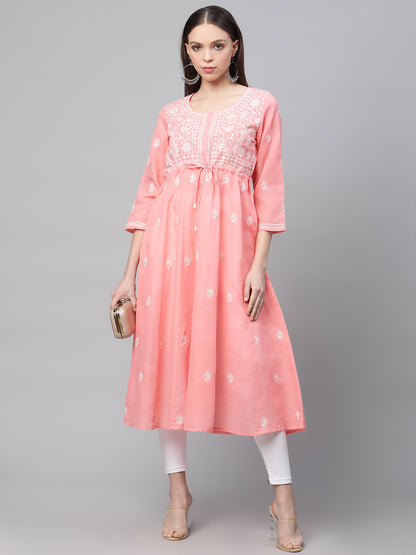 Pink Chikankari Flared Kurta with Waist Tie-Ups