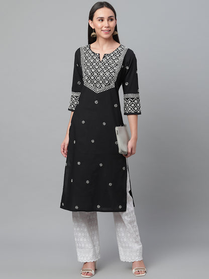 Black & White Embroidered Straight Kurta