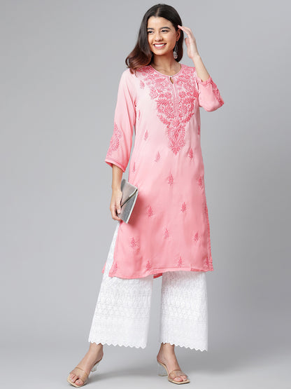 Pink Ombre Chikankari Muslin Kurta