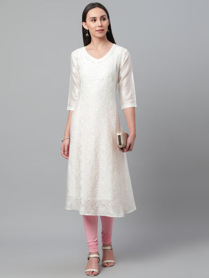 Off-White Chikankari Silk A-Line Kurta