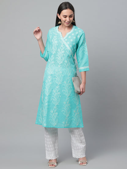 Turquoise Chikankari Embroidered Angarkha