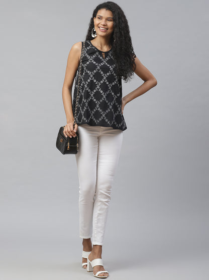 Black Sleeveless A-Line Chikankari Top