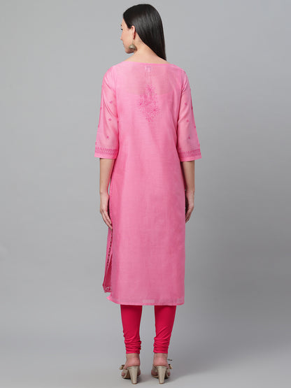 Pink Silk Chikankari Boat Neck Kurta