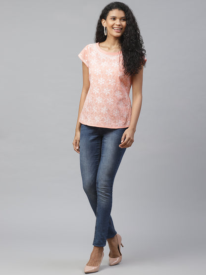 Peach Tepchi Boat-Neck Chikankari Top