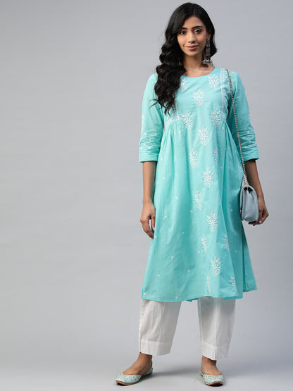 Sky Blue Long Kurta with Gathers