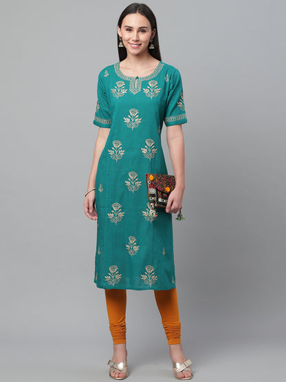 Teal & Beige Cotton Chikankari Kurta