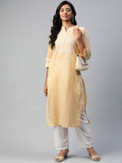 Yellow Self-Striped Kurta with Embroidered Yoke