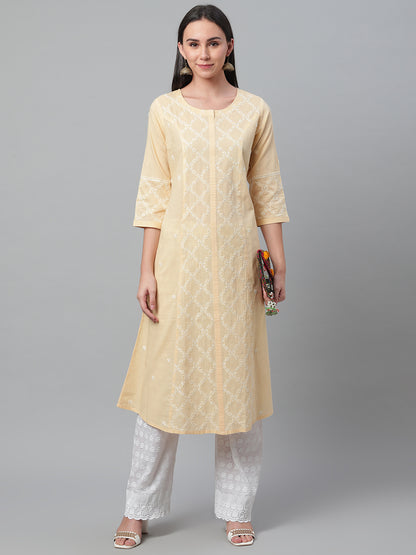 Beige Anarkali Chikankari Kurta