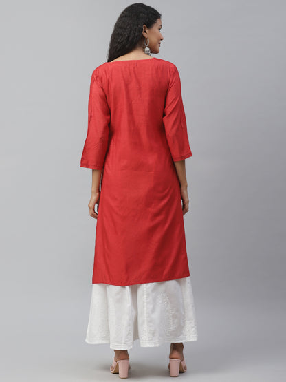 Red Silk Chikankari Kurta