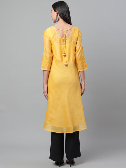 Yellow Chikankari Silk A-Line Kurta