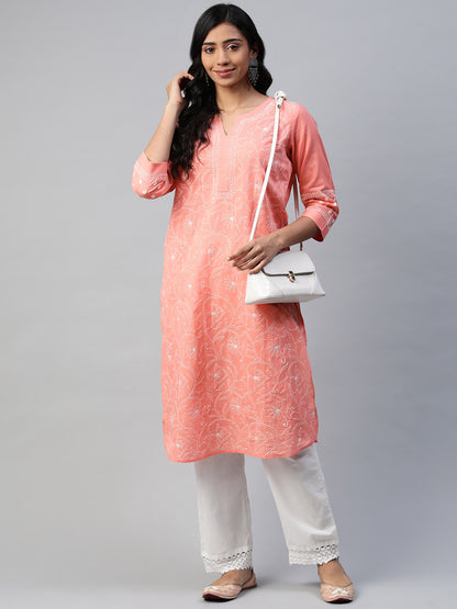 Peach Round Hem Kurta with All-Over Embroidery