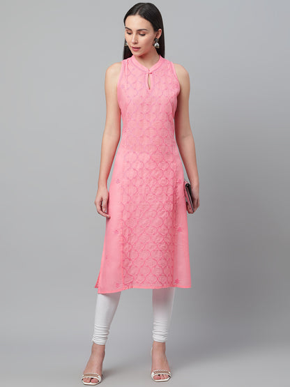Pink Sleeveless Chikankari Collared Kurta