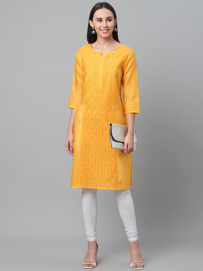 Yellow Chikankari Chanderi Kurta