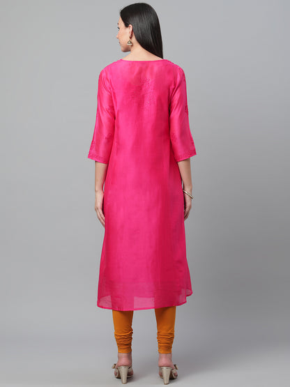 Magenta Embroidered Chanderi Anarkali Kurta