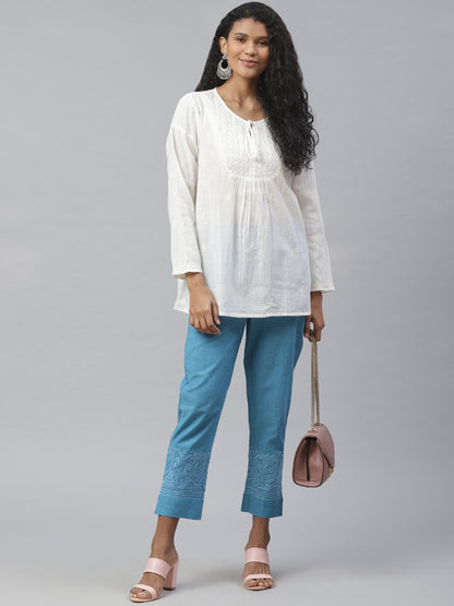 Off White Chikankari Top with Tie-Ups